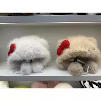 Korean Bow Plush Bomber Cap Winter Thick Women Keep Warm Windproof Ear Protection Cute Pom-Pom Beanie Hat With Lace Adult