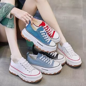 Korean Canvas Shoes Women 2024 Hot Sale Breathable Fashion Plate Shoes Heightened Casual Shoes Thick Bottom Sneakers for Women 35 джинсовый синий