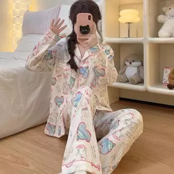 Korean Cartoon Kawaii Love Cat Print Women s Pajamas Set Autumn Winter New Home Wear Casual Soft Sweet Cute Sleepwear M бежевый