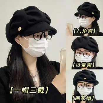 Korean cloud beret women s 2024 new autumn big head circumference temperament wrinkled octagonal painter hat shows small face 54-58cm average size чёрный