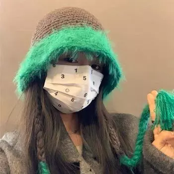 Korean contrasting color handmade coarse wool hat female autumn and winter face small bucket hat ear protection warm knitted basin hat student M56-58cm