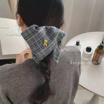Korean Dongdaemun Plaid Scarf Hair Band with Gold Label - Velvet Bear Design Ponytail Headband