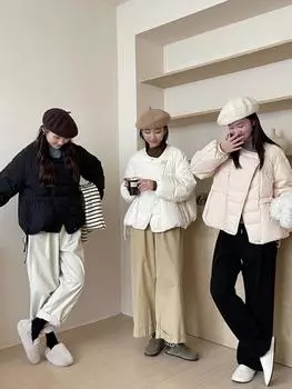 Korean down jacket women s short winter new small design sense fashionable white duck down crew neck jacket tide One Size (90-75kg)