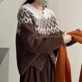 Korean Fashion Elegant Long Sleeved Knitted Cardigan Women Sweater Autumn Round Neck Coats Long Sleeve Loose Simple Office Jacket Woman Clothing One size