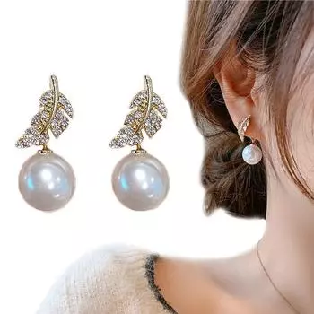 Korean Fashion Gifts Pearl Ladies Leaves Pearl Earrings Rhinestone Fashion Jewelry Stud Earrings золотой