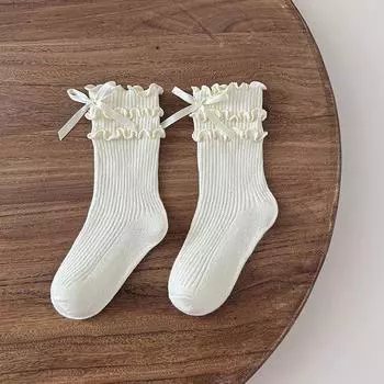 Korean Fashion Lace Lolita Calf Sock for Kids Girl Beige Black Color Ruffle Bow Children Calf Sock Spring Autumn Cotton Sock 1-3 Year