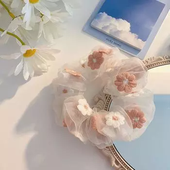 Korean Hair Band Gauze Flowers Embroidery Hair Accessories Rubber Band Scrunchie Hair Rope Hair Tie