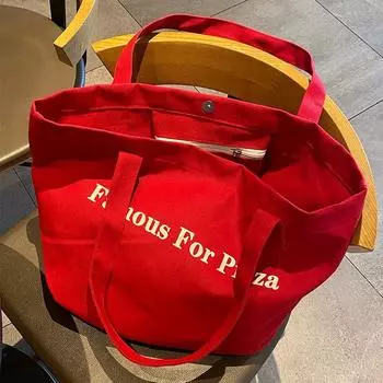 Korean Ins Idle Style Letters Red Canvas Bag Women s Large Capacity Daily Work Clothing One-Shoulder Tote Bag Fashion Red bag (zipper version)