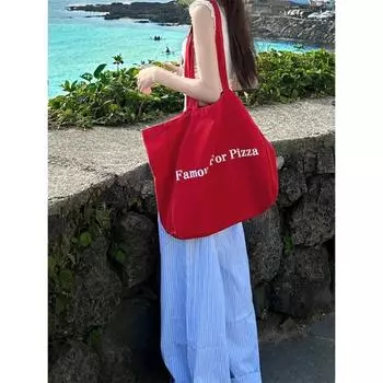 Korean Ins Style Letter Canvas Bag 2025 Red New Style Student Commuter s All-Matching Large Capacity Shoulder Bag Female Red