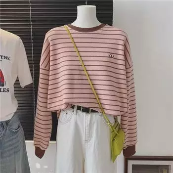 Korean-inspired Embroidered Striped Long-Sleeve Velvet T-Shirt Women s Autumn/Winter Loose Fit