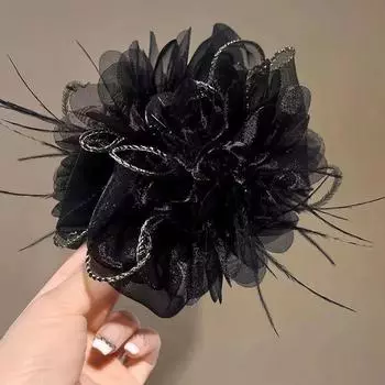 Korean Mesh Feather Clip Hairpin Large Hair Clip Black Fluffy Fur Hair Claw Shark Clip Ponytail Clips Hair Accessories 13cm