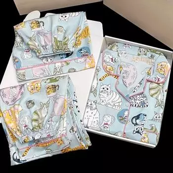 Korean New Women s Three-piece Pajamas Fashion Design Print Spring Female Sleepwear Short Sleeve Shorts Long Pant Housewear M