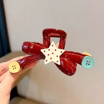 Korean Red Point Star Bowknot Hair Claw Clip for Women Sweet Acrylic Large Shark Clip Ponytail Headwear Hair Accessories