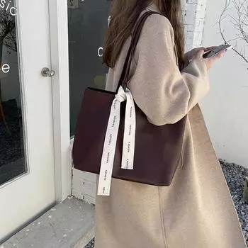 Korean Retro Brown Hand-tool Tote Bag PU Soft Leather Bag Large Capacity Autumn and Winter New Shoulder Bag for Women