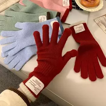 Korean Series Applique Cashmere Knitted Gloves Women Winter Outdoor Warm Long Touch Screen Finger Division Cycling Gloves Red All yards