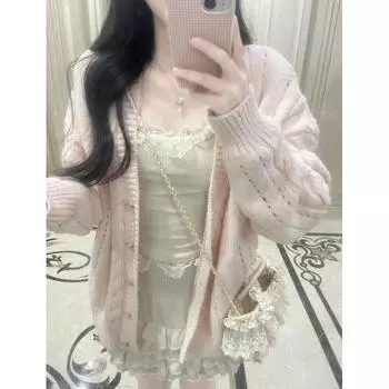 Korean Series Gentle Wind Pink V-neck Sweater Outerwear Women 2025 Spring Loose Lazy Twist Knit cardigan Top Pink M