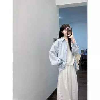 Korean Series Idle Style Blue Stripe Shirts 2025 New Women Early Spring Outdoor Long sleeve Shirt Summer Sun Protection Outerwear Blue M