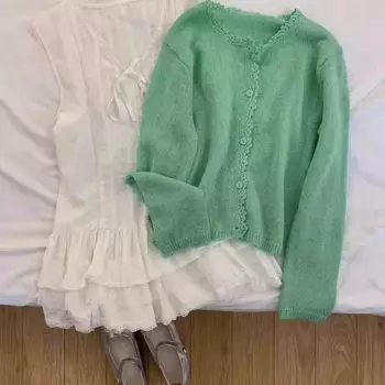 Korean Series Lazy Apple Green Raccoon Velvet Sweater Outerwear Women Spring and Autumn High Sense Outdoor Dopamine Knit cardigan Apple Green M