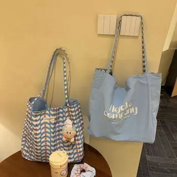 Korean Series Lazy Canvas Bag Large Capacity Commuter Work out Blue Shoulder Tote Bag Women 2025 New Blue [without ornaments]]