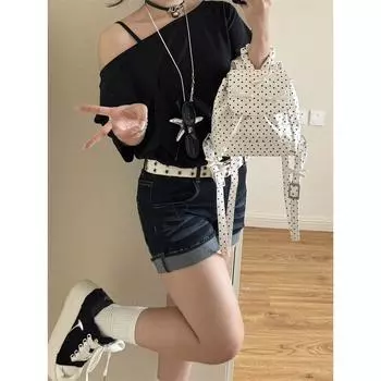 Korean Series Sweet Bow Polka Dot Backpack Bag Women 2025 New Niche Mini Portable Backpack Class Schoolbag White