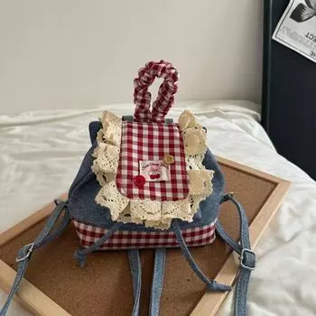 Korean Series Sweet Lace Backpack Bag Women New Fashion Trendy Denim Contrast Color Plaid Schoolbag Portable Small Bag Red