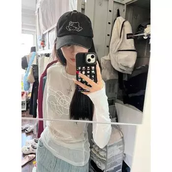 Korean Series White Ice Silk Sunscreen Cover up Women Summer Long sleeve Slightly Transparent Summer Slim fit Thin Knit T-shirt Top White Quality Edition S