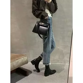 Korean square head washed thin short boots thick heel thick sole small ankle boots women s autumn and winter 35 чёрный