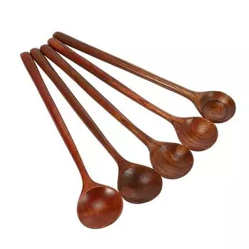 Korean Style 5 Pcs Long Spoons Wooden 10.9 inches 100% Natural Wood Handle Round for Soup Cooking Mixing Stirrer