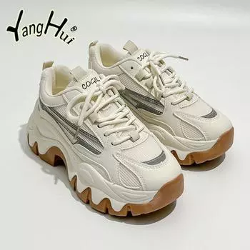 Korean Style All-match Increase Thick Bottom Sneakers Casual Mesh Breathable Sports Shoes Anti-slip 2024 New Fashion Summer 35 серый