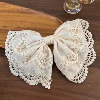Korean Style Beige Floral Embroidery Lace Bowknot Hair Clip Fashion Sweet Chic Girls Barrettes Female Party Headdress Hairpins
