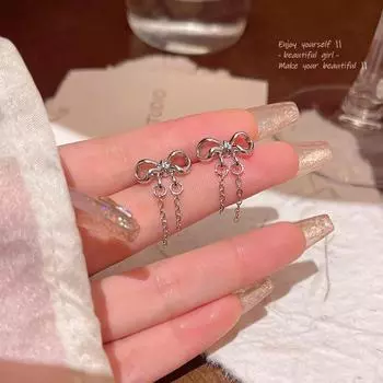 Korean Style Bow Tassel Earrings: Elegant Women s Niche Design A1807 серебряный