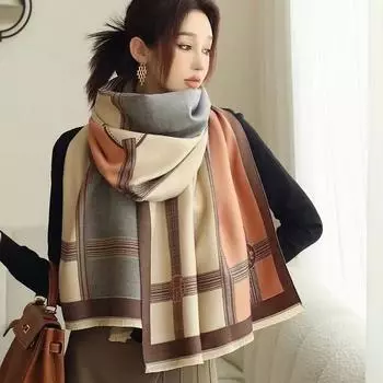Korean Style Contrast Color Imitation Cashmere Plaid Scarf Women s New Winter Warm Fashion Chain Scarf fleece-lined All-match Shawl one size