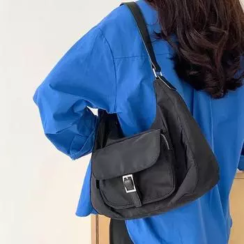 Korean Style Contrast Color Literary Nylon Double Layers Shoulder Bag PU Strap Breathable Crossbody Bag Light Commuter Hobo Bag синий