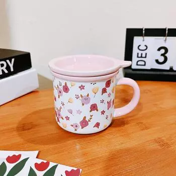 Korean Style Crumbled Flowers High-value Mug Milk Cup Breakfast Cup Simple Ceramic Cup with Lid High End Gift 301-400ml