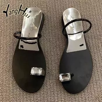 Korean Style Diamond Accessories Flip-flops 2024 New Fashion Casual Simple Flat Bottom Anti-slip Women s Slippers Summer 35 серебряный