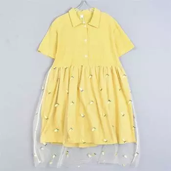 Korean Style Embroidered Mesh Patchwork Cotton Short sleeve Dress 4.29 L82346 Loose Slimming High Waist Sweet Midi Skirt 1 Yellow S