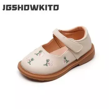 Корейский стиль Модные мягкие туфли из кожи для девочек с цветочной вышивкой 2024 года Новые весенние и осенние туфли принцессы для детского сада 21 чёрный