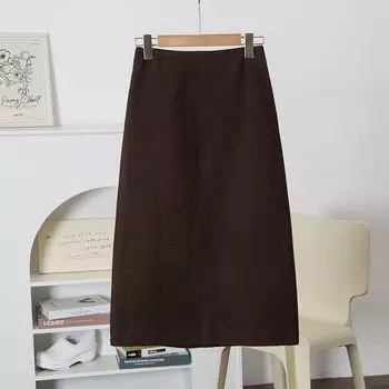 [Korean-Style Goods] Sanding Woolen Feel ~ Good Style! Solid High Waist Skirt Women s Commuter Long dress Coffee M