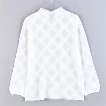 Korean Style Hollow Pullover Lace blouse Women 1114 L76689 Half-high Collar Spring and Autumn Micro Perspective Young T-shirt Top 1 White. One size