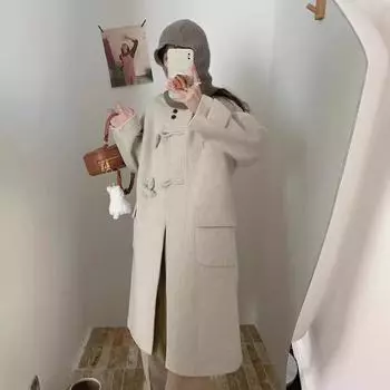 Корейский стиль с капюшоном двухстороннее шерстяное пальто длинное осенне-зимнее теплое зимнее шерстяное пальто с роговыми пуговицами для женщин S