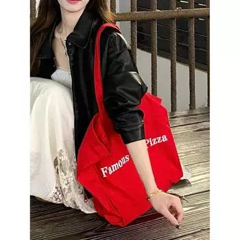 Korean Style Ins Red Letter Canvas Bag Women 2025 New Idle Style Commuter Large Capacity Shoulder Tote Bag Red