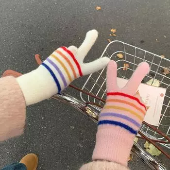 Korean Style Knitted Warm Gloves for Women In Winter New Style Striped Five-finger Split-finger Student Riding Windproof Touch Screen Rainbow one size fits all