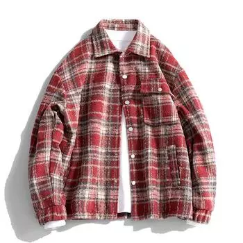 Korean Style Lapel Thickened Plaid Jacket for Men In Autumn and Winter Plus Velvet Cold-proof Jacket Couple Style M красный