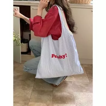 Korean Style Lazy Canvas Bag 2025 New Arrival Minimalist Casual Stripes Letter Shoulder Bag Large Capacity Totes White