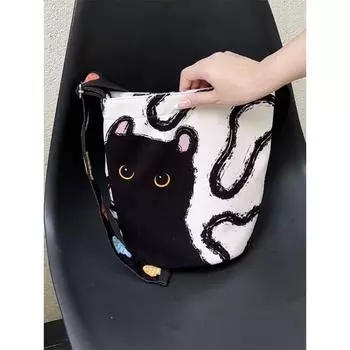 Korean Style Lazy Canvas Bag Women s Cute Cartoon Black Cat Bucket Bag Loose Feeling Easiest for Match Shoulder Messenger Bag Fashion Image color