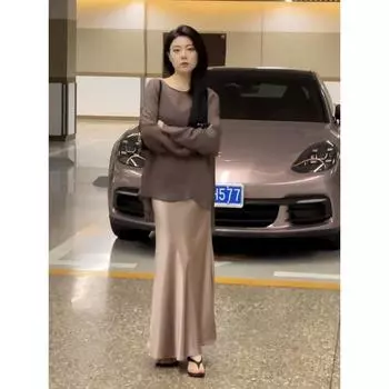 Korean Style Lazy Style Loose Minimalist Thin Long Sleeves Shirt Female Summer New Tencel Drape All-Match Commute Sun Protection Shirt Curry color S within 55.00kg recommended