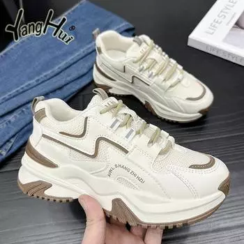 Korean Style Mesh Breathable Color Matching Sneakers 2024 Fashion Daily Casual All-match Wear Resistance Anti-slip Spring Summer 35 хаки