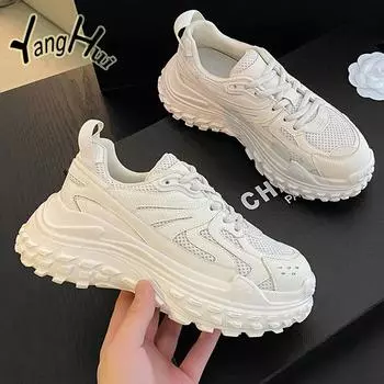 Korean Style Mesh Breathable Thick Bottom Wear Resistance Anti-slip Platform Sneakers 2024 Fashion Sports Running Shoes Summer 35 бежевый