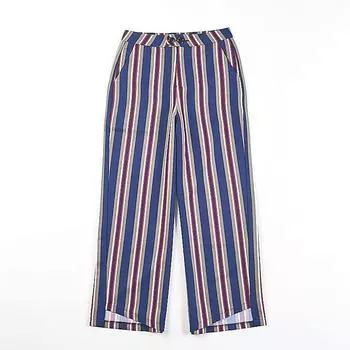 Korean Style Mid-High Waist Vertical Stripes Wide-Leg Pants Women 34 H81831 Spring and Summer Small Tall Slimming Straight Cropped Pants 1 Blue red strip 27