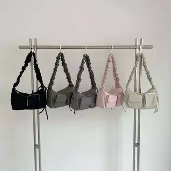 Korean Style Nylon Shoulder Bag Pleated Strap Solid Color Pocket Boston Tote Bag French Style Minority Design Underarm Bag зелёный